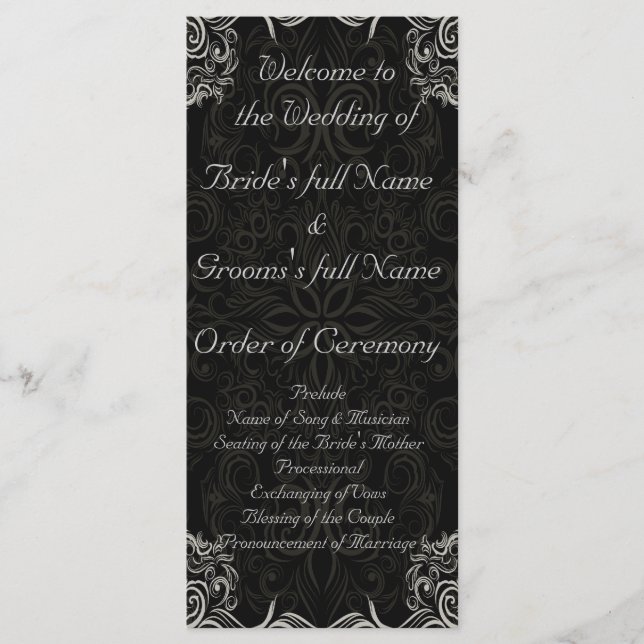 Elegant Black with White Swirls Wedding Programme (Front)