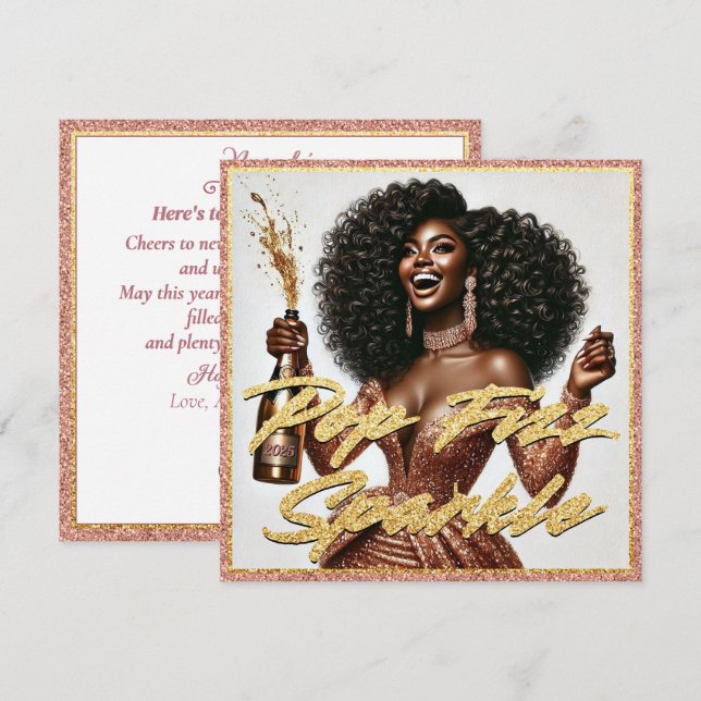 Elegant Black Woman Rose Gold Champagne New Year's Card (Front/Back)