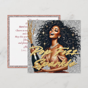 Elegant Black Woman Rose Gold Champagne New Year's Card