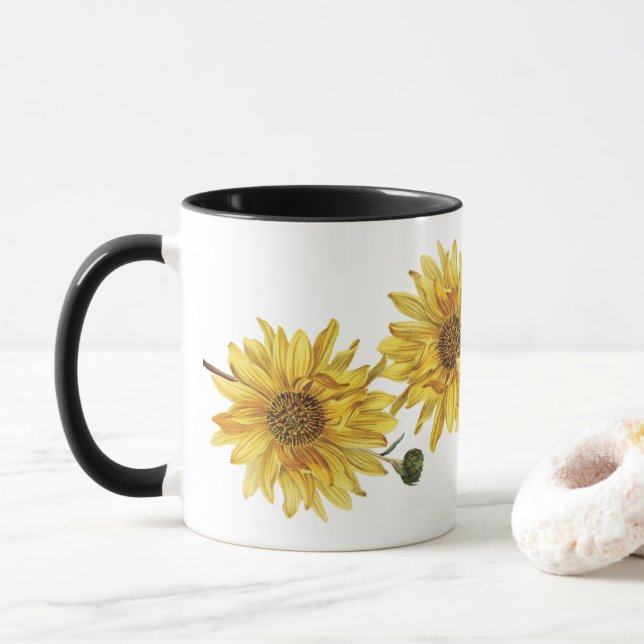 Elegant Black Wood Grain and Sunflower Mug (With Donut)