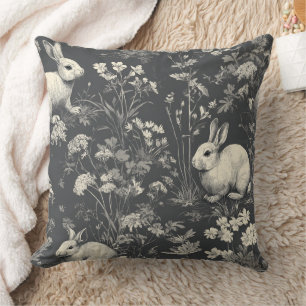 Elegant Black Woodland Rabbit Toile Pattern Cushion