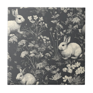 Elegant Black Woodland Rabbit Toile Pattern Tile