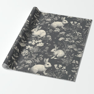Elegant Black Woodland Rabbit Toile Pattern Wrapping Paper