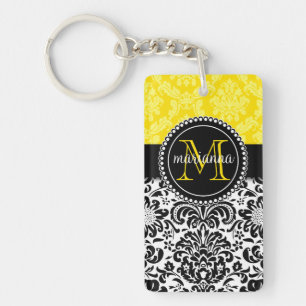 Elegant Black Yellow Damask Personalised Key Ring