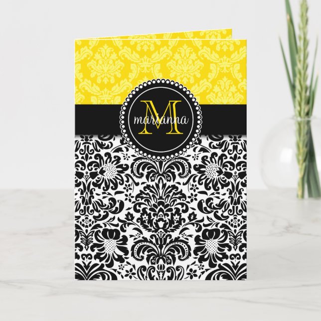Elegant Black Yellow Damask Personalised Note Card (Front)