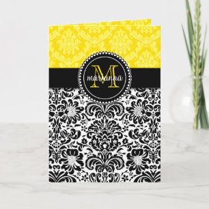Elegant Black Yellow Damask Personalised Note Card