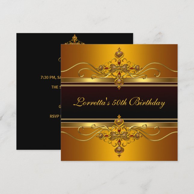 Elegant Black Yellow gold  Jewel 50th Birthday Invitation (Front/Back)