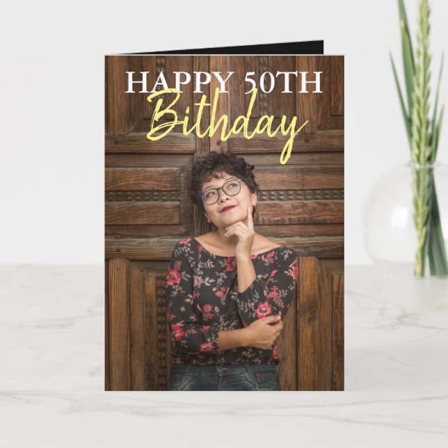 Elegant Black & Yellow Photo Sister 50th Birthday Card (Front)