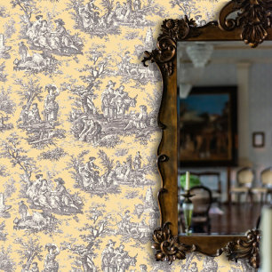 Elegant Black Yellow Vintage Toile Floral Pattern Wallpaper