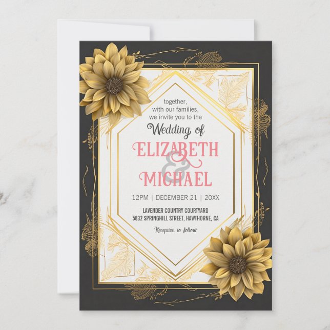 Elegant Black Yellow Wedding Sunflower Gold Frame Invitation (Front)