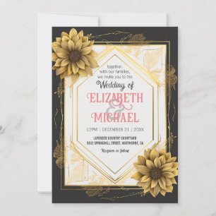 Elegant Black Yellow Wedding Sunflower Gold Frame Invitation