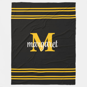 Elegant black &yellow white monogram name fleece blanket