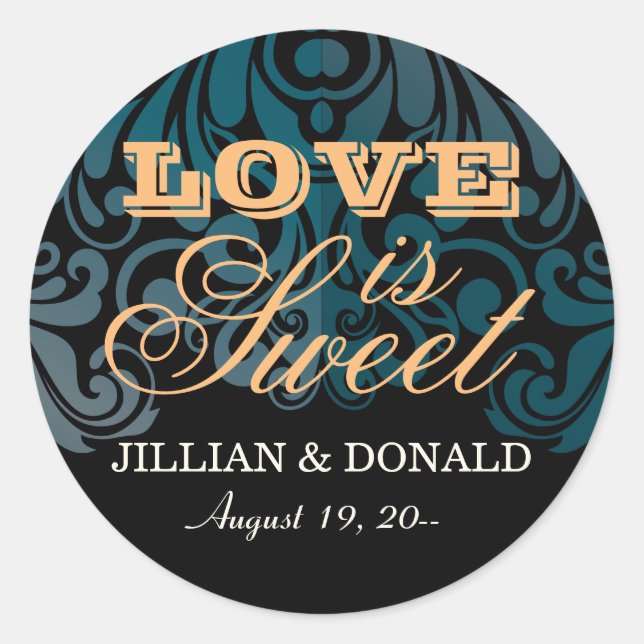 Elegant Black Zircon Damask Monogram Favor Classic Round Sticker (Front)