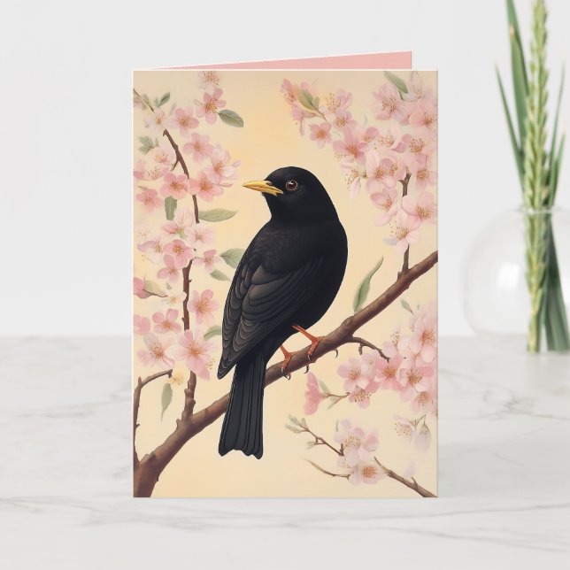 Elegant Blackbird on Blossoms Invitation (Front)