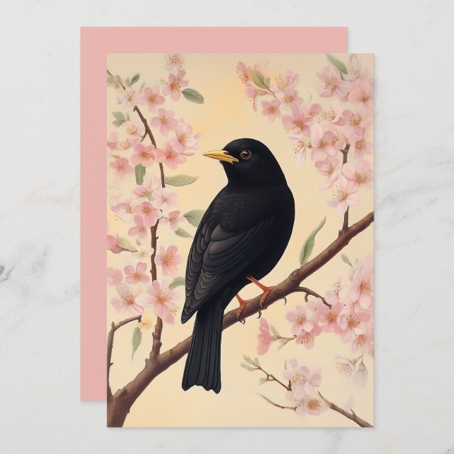 Elegant Blackbird on Blossoms Invitation (Front/Back)