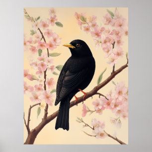 Elegant Blackbird on Blossoms Poster