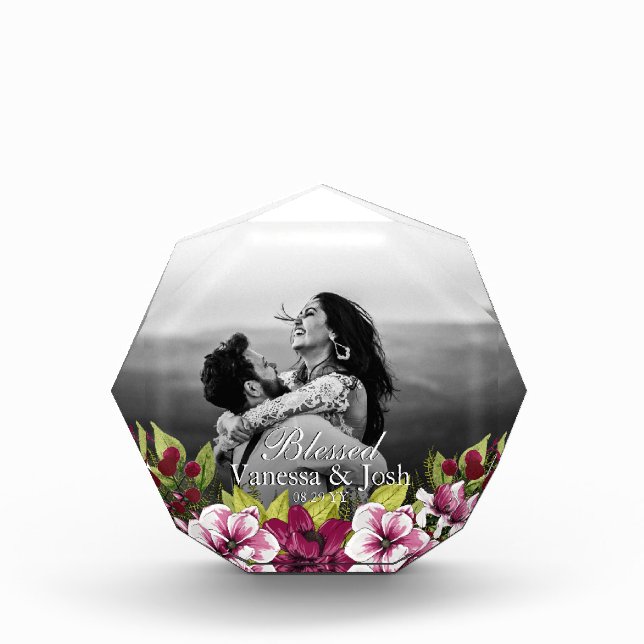 Elegant Blessed Newlyweds Berry Floral Wedding Photo Block (Front)