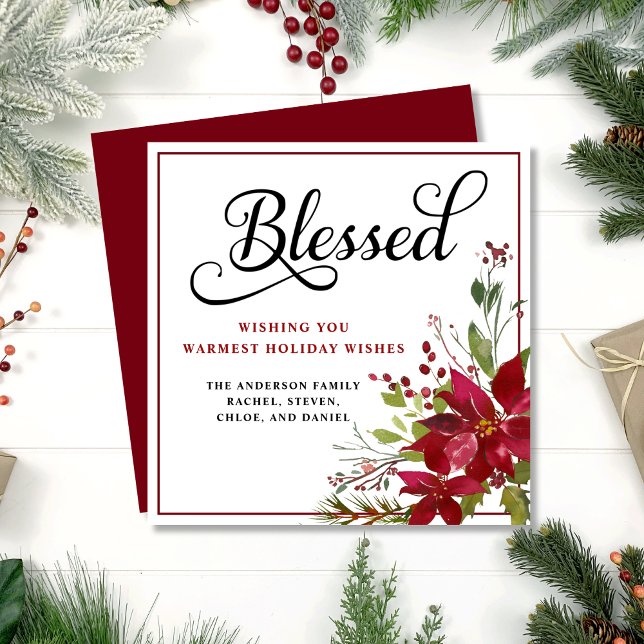 Elegant Blessed Red Floral Watercolor Holiday Card (Creator Uploaded)