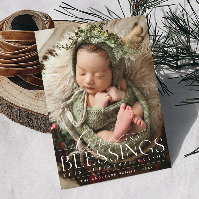 Elegant Blessing Photo Greenery Baby 1st Christmas Holiday Card (Love and blessings Merry Christmas full bleed photo botanical greenery simple elegant Holiday card)