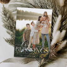 Elegant Blessings Script Photo Greenery Christmas