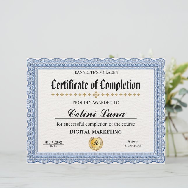 Elegant Bleu Certificate of Completion – Modern  (Standing Front)