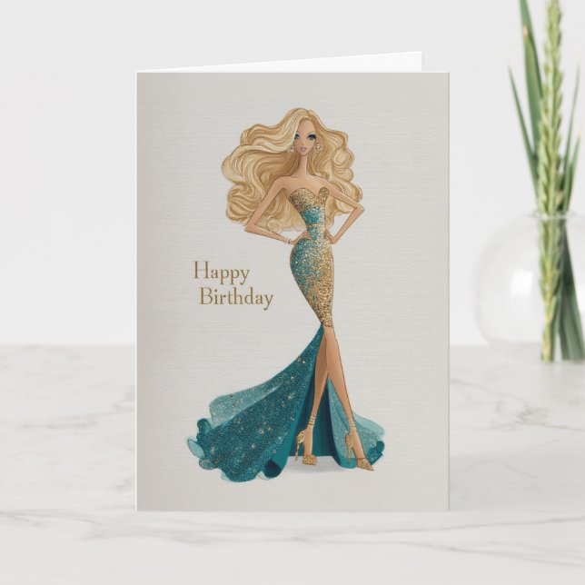 Elegant Blonde in Gold & Teal Gown Glam BDay Card (Front)