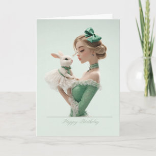 Elegant Blonde in Green w/ Pretty Bunny BDay Card