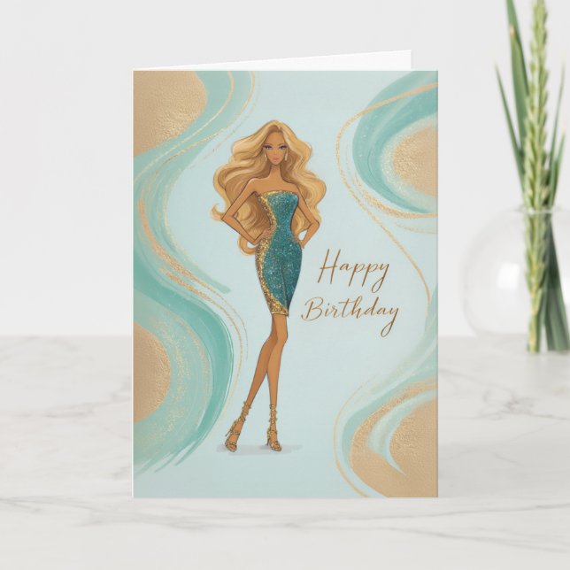 Elegant Blonde in Teal Gold Glam Gown Birthday Card (Front)