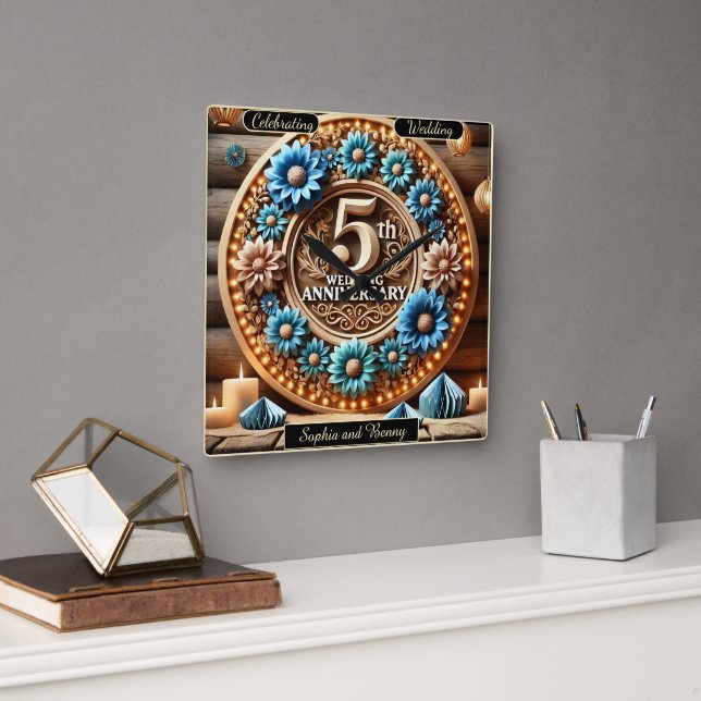 Elegant Bloom:5th Anniversary Floral Arrangement Square Wall Clock (Office)