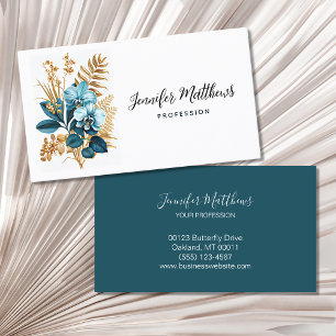 Elegant Bloom Blue Gold Orchid Floral Business Card