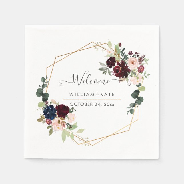 Elegant Bloom Blush Burgundy Eucalyptus Welcome Napkin (Front)