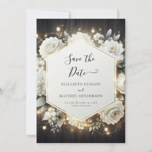 Elegant Bloom White Roses Wedding Save The Date