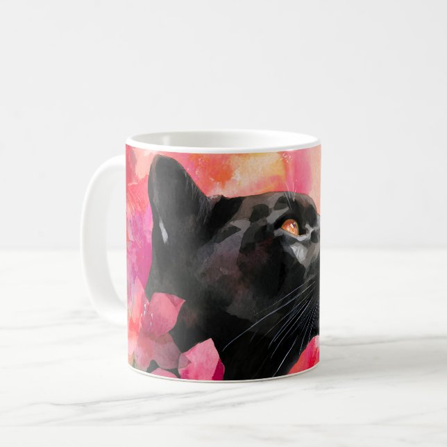 Elegant Blooming Floral Wild Black Panther Coffee Mug (Front Left)
