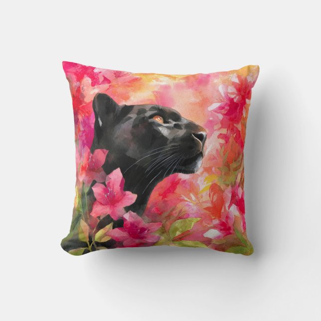 Elegant Blooming Floral Wild Black Panther Cushion (Front)
