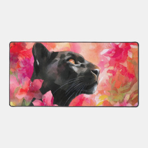 Elegant Blooming Floral Wild Black Panther Desk Mat