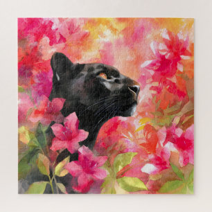 Elegant Blooming Floral Wild Black Panther Jigsaw Puzzle