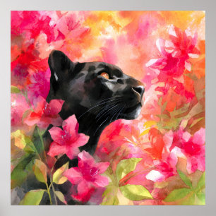 Elegant Blooming Floral Wild Black Panther Poster