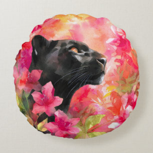 Elegant Blooming Floral Wild Black Panther Round Cushion
