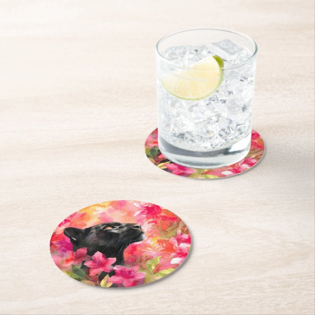Elegant Blooming Floral Wild Black Panther Round Paper Coaster (Insitu)