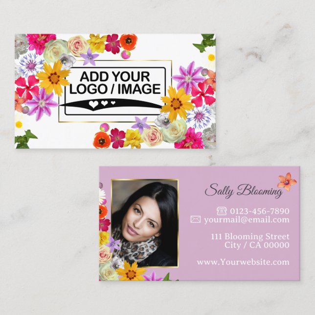 Elegant Blooming Wildflowers Gold Lilac Logo Photo Business Card (Front/Back)