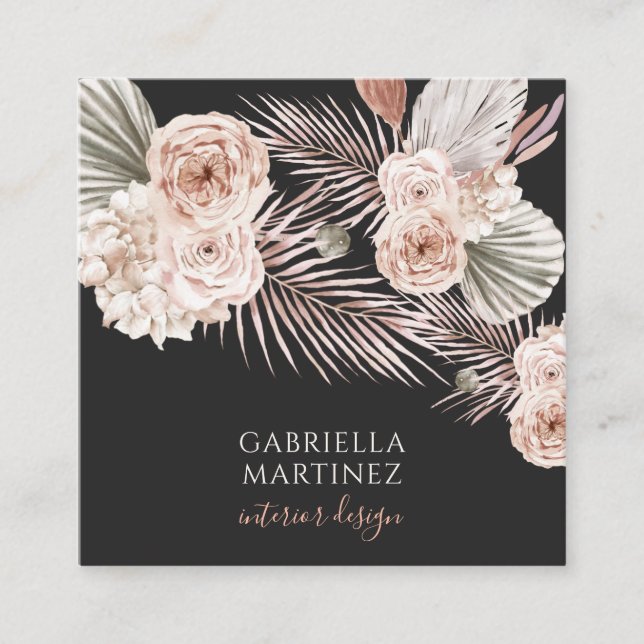 Elegant Blooms Pink Black Interior Designer Square Business Card (Front)