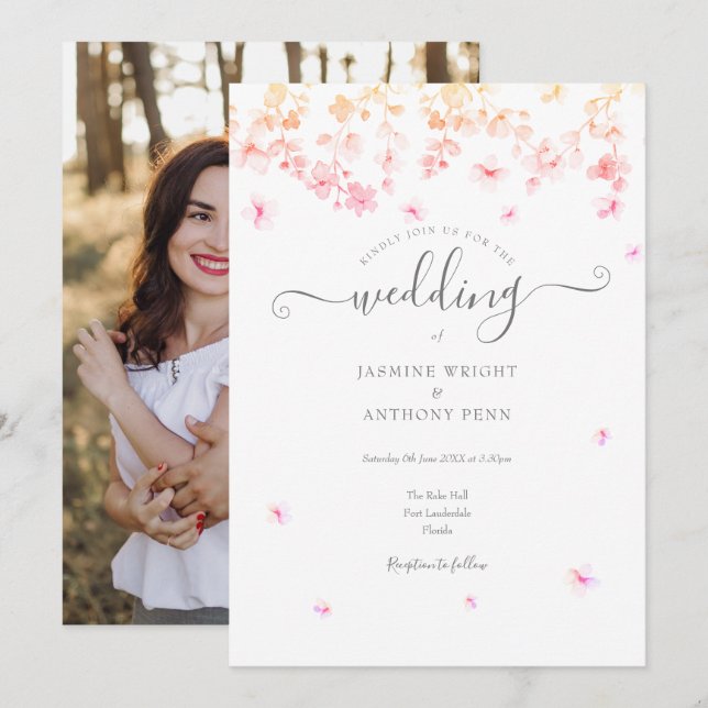 Elegant Blossom Floral Photo Wedding Invitation (Front/Back)