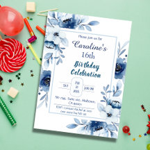 Elegant blue 16th birthday floral shades of blue 