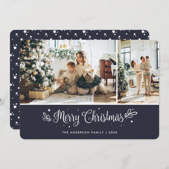 Elegant Blue 2 Photo Modern Merry Christmas Card (Front/Back)