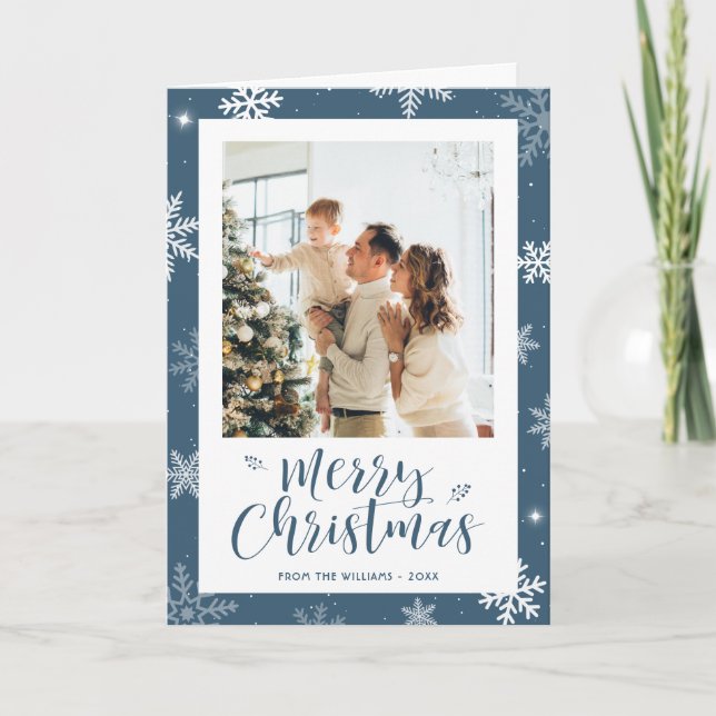 Elegant Blue 2 Photo Snowflake Christmas  Holiday Card (Front)