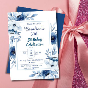 Elegant blue 30th birthday floral shades of blue  invitation