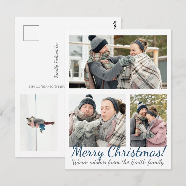 Elegant Blue 3 Photo Calligraphy Holiday Christmas Postcard (Front/Back)