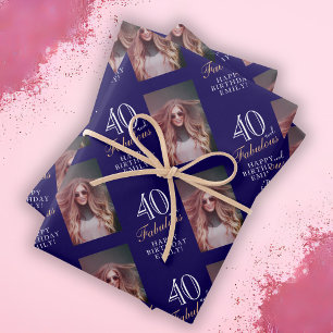 Elegant Blue 40 and Fabulous 40th Birthday Photo Wrapping Paper Sheet