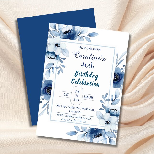 Elegant blue 40th birthday floral shades of blue  invitation (Creator Uploaded)