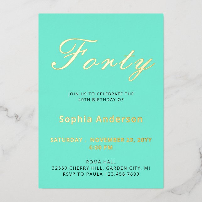 Elegant Blue 40th Birthday Foil Invitation (Front)